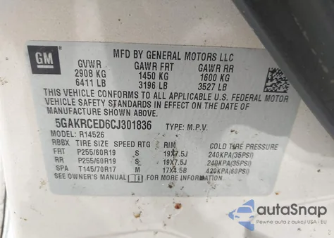 2012 Buick Enclave Leather z USA, uszkodzony, nr VIN 5GAKRCED6CJ301836